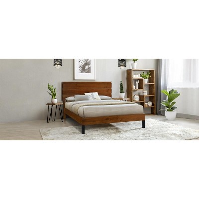 DOMETOUR Mid-Century Modern Solid Wood Bed Frame Queen Size Platform Bed with Three-Piece Headboard Design, No Box Spring Needed, Brown