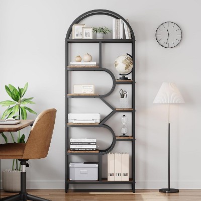 COUCHETA Industrial 6-Tier Bookcase with Arched Design, Open Shelves, Rustic Wood & Metal Storage Organizer for Living Room, Bedroom, Home Office