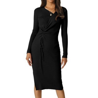 Seta T Women's Fall Winter Long Sleeve V Neck Ruched Drawstring Waist Side Slit Midi Knit Sweater Dresses