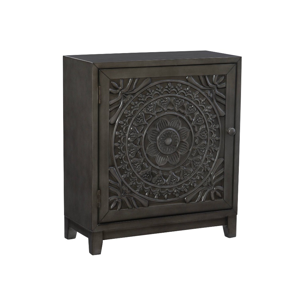Aylee Boho 1 Door Carved Cabinet with 1 Shelf in Dark Gray Finish - Linon: Accent Storage, No Assembly Required