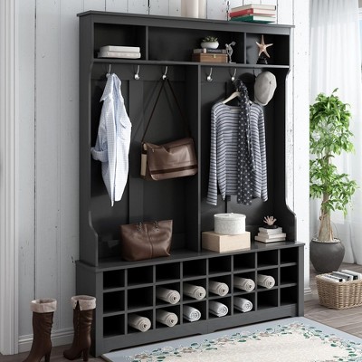 60" Wide Hall Tree Entryway Bench,Multiple Functions Hallway Coat Rack with Metal Hook & 24 Shoe Cubbies for Entrance Hallway