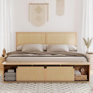 Natural Rattan Bed Frame - Sliding Barn Door Storage, LED Headboard & Solid Wood Legs, No Box Spring - 1 of 4
