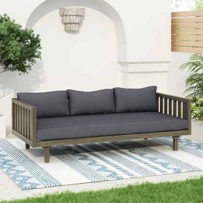 Outdoor 3 Seater Acacia Wood Daybed,Fabric Upholstered Sofa Bed,Open Slat Paneling Armrests Daybed For Patio Backyard,Garden-Coolbibila