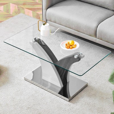 CAVINAS Coffee Tables for Living Room Modern Rectangular Coffee Table Wood Tea Table with Tempered Glass Countertop and MDF Legs