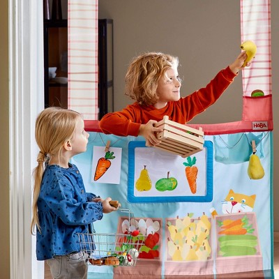 Colorful Fabric Doorframe Play Store with Beech Wood Slats