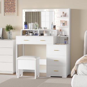 Vanity Desk with Mirror and Bulbs, Makeup Table with Drawers, Open Shelves, Cabinet & Upholstered Stool for Bedroom, White - 1 of 4