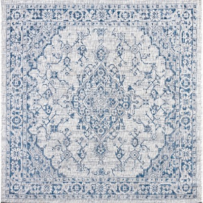 Rozetta Gray and Navy Medallion 5' Square Indoor/Outdoor Rug