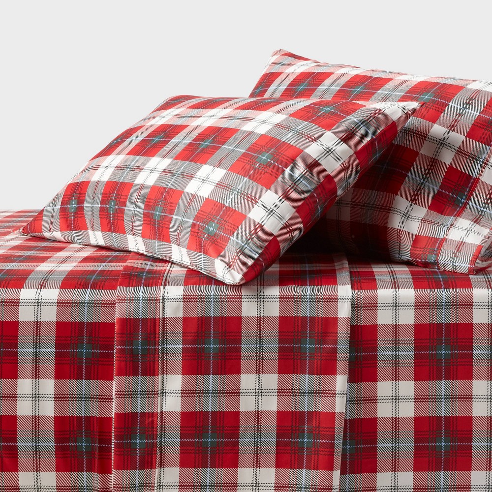 Photos - Bed Linen King 400 Thread Count Performance Holiday Sheet Set Green/Red Plaid - Thre