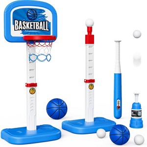 Skirfy 3 in 1 Kids Basketball Hoop and T Ball Set for Kids with Automatic Pitching Machine, Adjustable Height Basketball Hoop Blue - 1 of 4