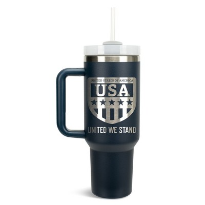 100 North USA United We Stand Flag Shield Wrap-Around 40 Oz. Stainless Steel Water Bottle Coffee Mug, Spill & Leak Resistant, Travel Tumbler with