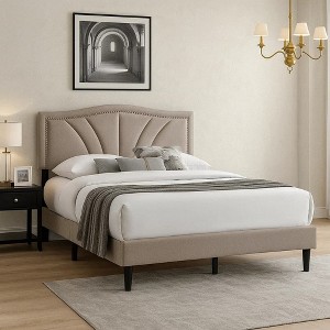 Royal Hampton Full Bed, Light Brown Burlap Upholstery, Padded Headboard - 1 of 4