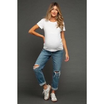 PinkBlush Blue Distressed Knee Rolled Hem Maternity Straight Leg Jeans