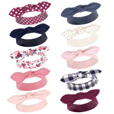 Hudson Baby Infant Girl Cotton Headbands 10pk, Pink Navy Floral, 0-24 Months