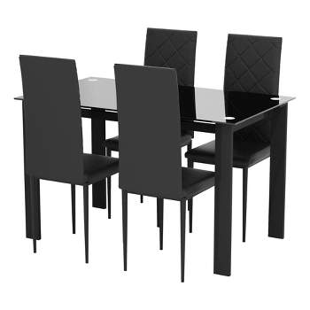 Tansole 5-Piece Rectangle Glass Top Black Metal Frame Rhombic Leather Dinning Chair and Table Set