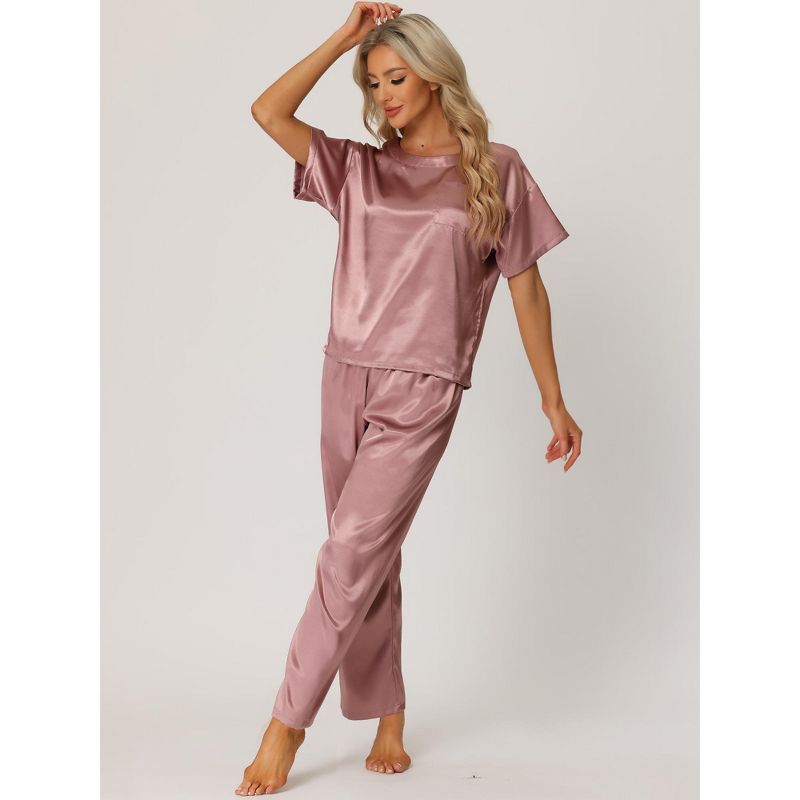 cheibear Women's Satin Summer Short Sleeves Sleepshirt with Pants Lounge Pajamas Sets, 2 of 6