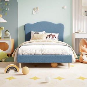 Kids Bed Frame with Plush Headboard, Soft Faux Lambskin Upholstered Platform Bed, Easy Assembly Children's Safety Bed - 1 of 4