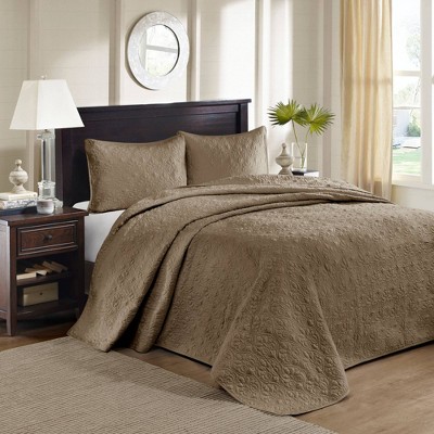 3pc King Vancouver Reversible Bedspread Set Mocha - Madison Park: Microfiber, Pre Washed, Traditional Style