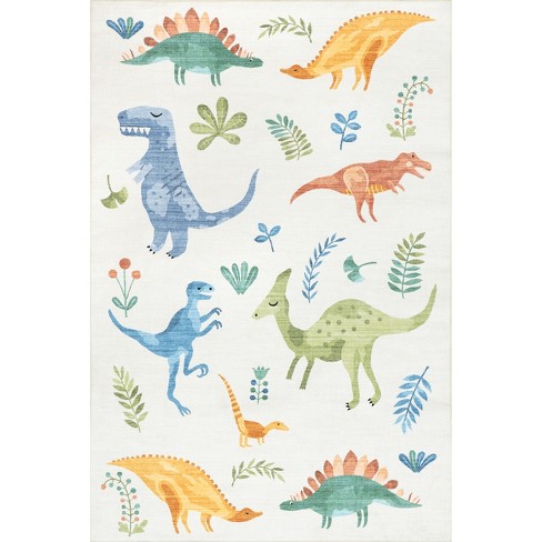 Nuloom Eamon Dinosaur Machine Washable Kids Area Rug 5' X 8' In White ...