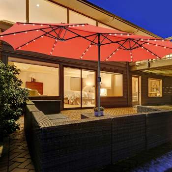 Costway 15FT Twin Patio Double-Sided Umbrella 48 Solar LED Lights Crank Outdoor Wine\Beige\Coffee\Orange