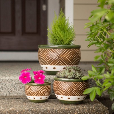 Jade and Sand Ceramic Planter Trio for Indoor/Outdoor Elegance