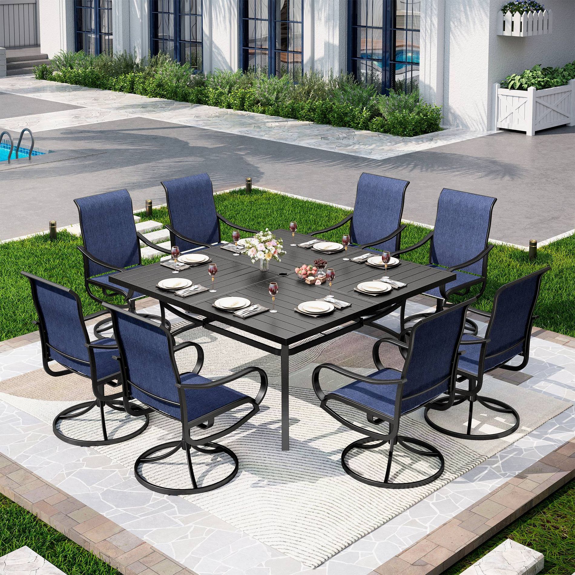 Captiva Designs 9pc Outdoor Slat-top Square Metal Dining Table and Blue sling Swivel Chairs