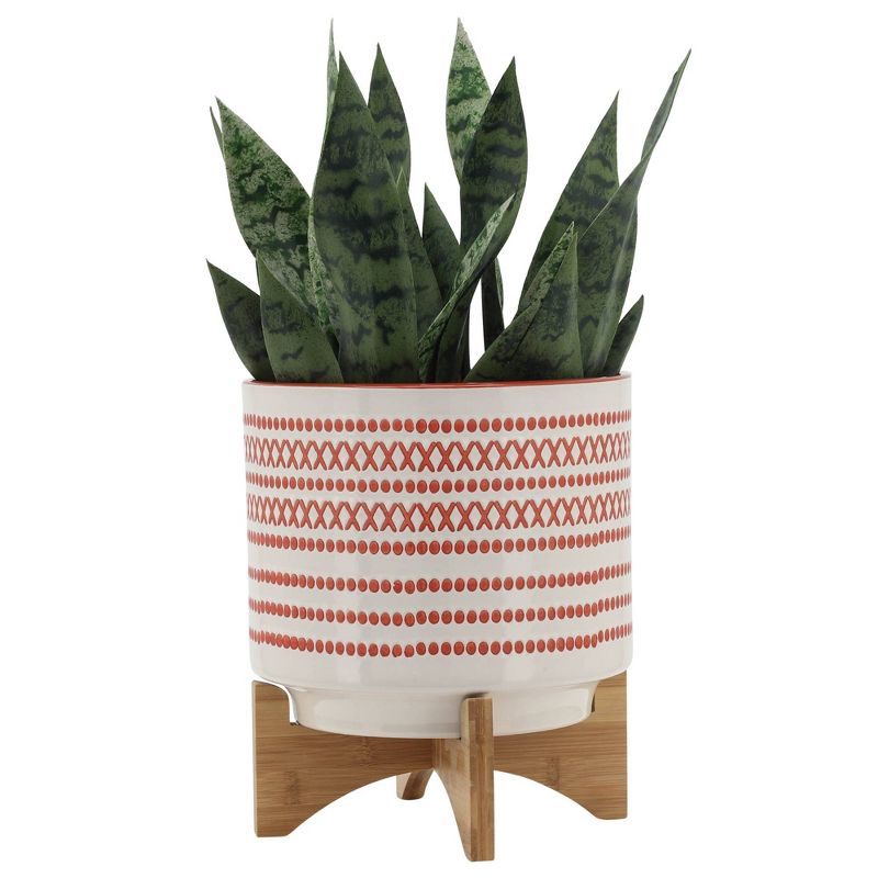 Sagebrook Home Aztec Pattern Round Ceramic Planter Pot with Wood Stand, 4 of 12