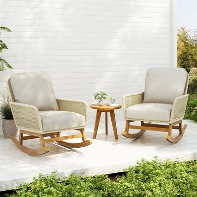 Chic Crate - Modern 3-Piece Rattan Wicker Outdoor Set - Waterproof Rocking Chairs & Accent Table for Balcony/Patio (Cream White)