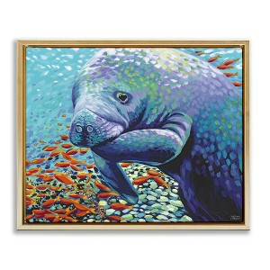 Stupell Industries Underwater Manatee Impressionist Floating Frame Canvas Art, Gold, 21" x 17" - 1 of 4