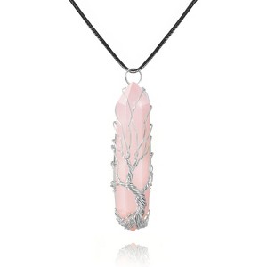 Tree of Life Crystal Necklace, Wire Wrapped Natural Stone Reiki Healing Jewelry Rose Quartz-Silver-Leather Chain - 1 of 4