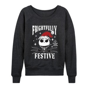 Women's - Disney - Frightfully Festive Lightweight French Terry Wide Neck Long Sleeve Graphic Shirt - 1 of 4