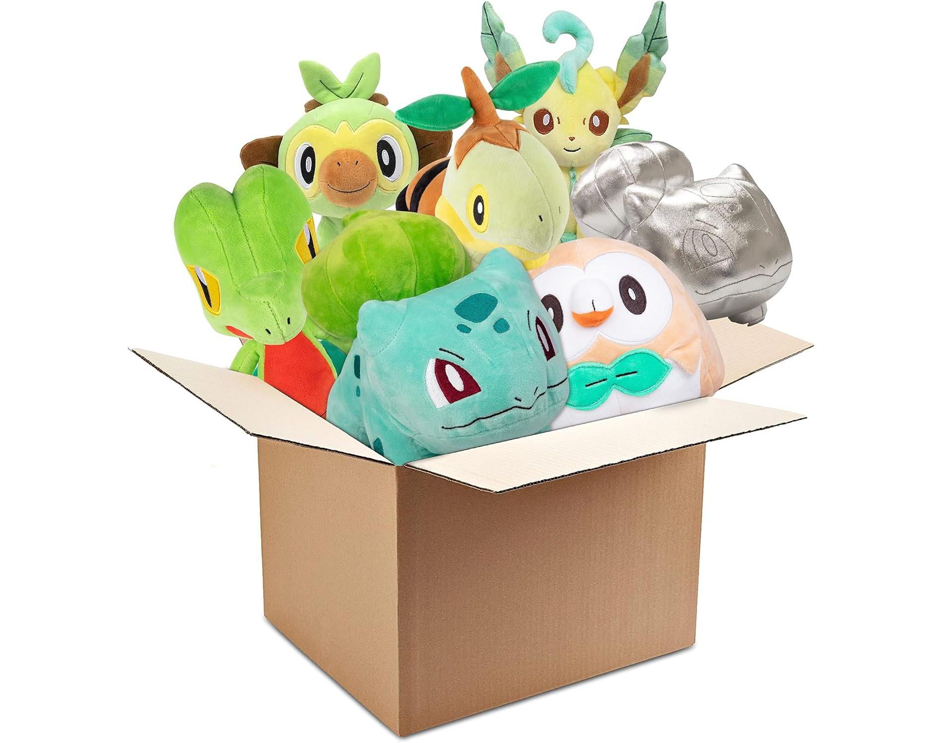 Pokemon Grass Type 8" Plush Assorted Blind Box, 3-Pack - 3 Randomly Selected Characters & Rare Silver Starters - Surprise Stuffed Animal Figures - 2+