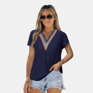 Women's Boho Chic Embroidered Navy Top - Cupshe - 1 of 4
