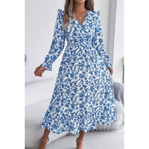 Attraco Women's Surplice V-Neck Smocked Long Sleeve Tiered Midi Dress Ditsy Floral Boho Dress Blue L : Target