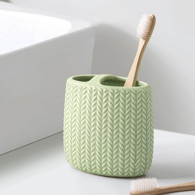Sage Green Ceramic Embossed Toothbrush Holder