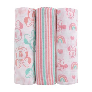 NoJo Disney Minnie Mouse Pink, Aqua, and White 3 Piece Muslin Swaddle Baby Blanket Set - 1 of 4