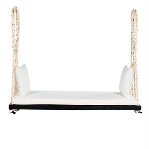 COWLOWN Acacia Wood Hanging Swing Chair, Porch Swing with Cushion & Pillows, 400lb Capacity - 1 of 4