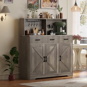 Farmhouse Sideboard Buffet Cabinet with Microwave Stand, Barn Doors Buffet Storage Cabinet with Drawers and Shelves, Wood Coffee Bar Cabinet - 1 of 4