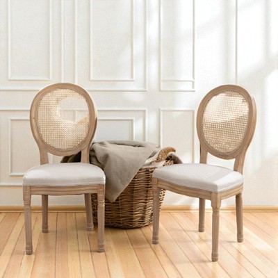Mshliw Set of 2 Modern Dining Chairs with Rattan Back, Solid Wood Frame, Antique Painted Finish, Linen Upholstered Seat with Foam Cushion