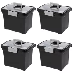 Sterilite Portable Lockable File Box w/ Extra Compartment, Built-In Handle & Titanium Gray Latches, Black Base & Clear Lid (4 Pack)