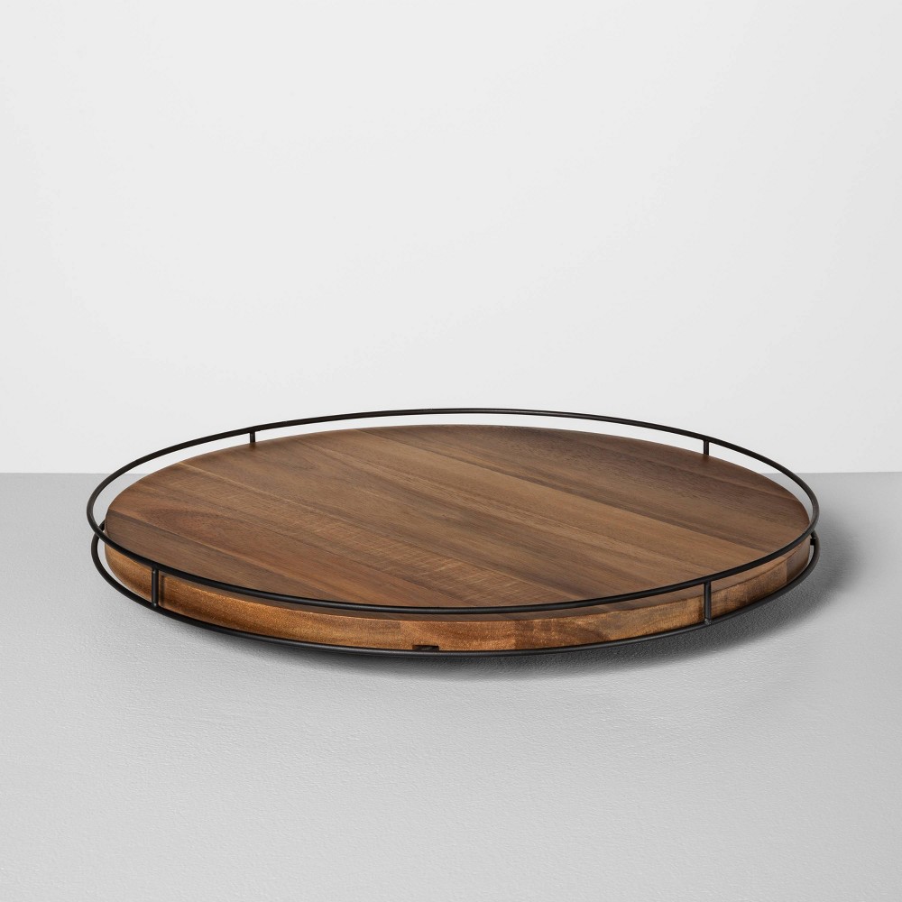 Photos - Serving Pieces 18" Wooden Lazy Susan with Metal Trim Brown/Black - Hearth & Hand™ with Ma