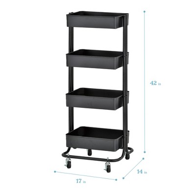 Black 4-Tier Metal Rolling Utility Cart with Mesh Baskets