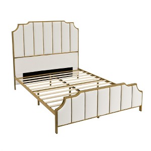 Metal Bed Frame With High Headboard, Wood Slat Support, Easy Assembly, Upholstered Bed - 1 of 4