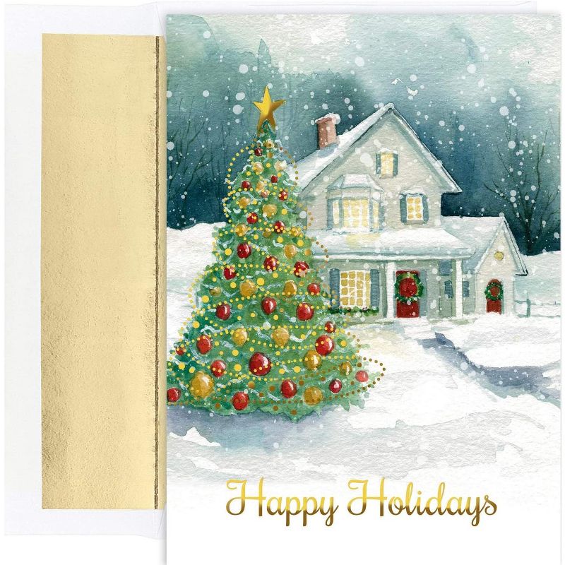 Masterpiece Studios Holiday Collection 16-Count Boxed Christmas Cards with Foil-Lined Envelopes, 7.8" x 5.6", Winter Cottage (915500), 1 of 3