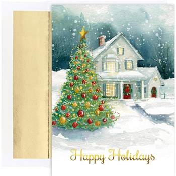 Masterpiece Studios Holiday Collection 16-Count Boxed Christmas Cards with Foil-Lined Envelopes, 7.8" x 5.6", Winter Cottage (915500)