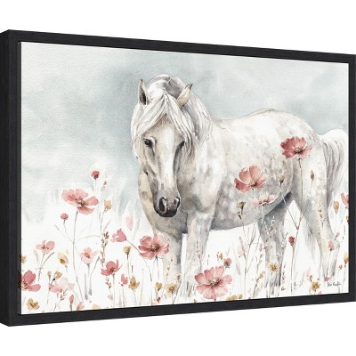 White Horse and Pink Flowers Canvas Wall Art