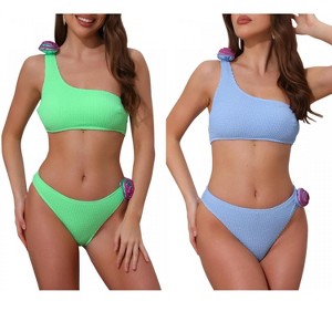 INSPIRE CHIC Women's 3D Rose Floral One Shoulder Ribbed Triangle Bottoms Swimwear Bathing Bikini Suits 2 Sets - 1 of 4