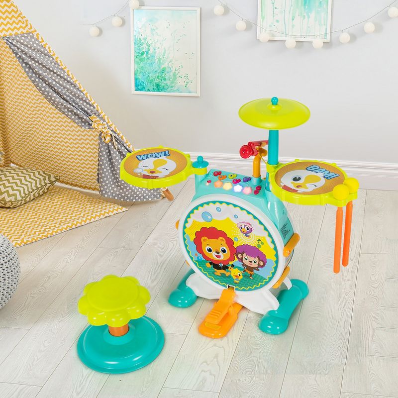 Costway 3-Piece Electric Kids Drum Set Musical Toy Gift w/Microphone Stool Pedal, 2 of 11