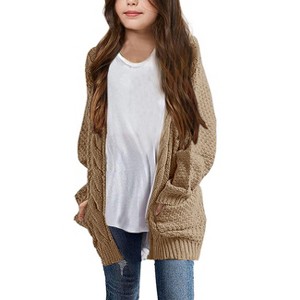 Girls Long Sleeve Cardigan Sweaters Open Front Cable Knit Chunky Cardigans Kids Oversized Cute Outerwear Coat - 1 of 3