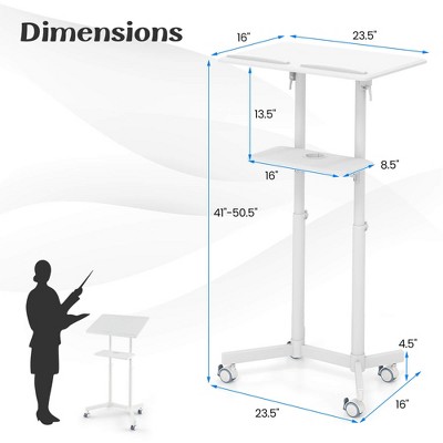 White Adjustable Mobile Podium with Storage Tray and Casters