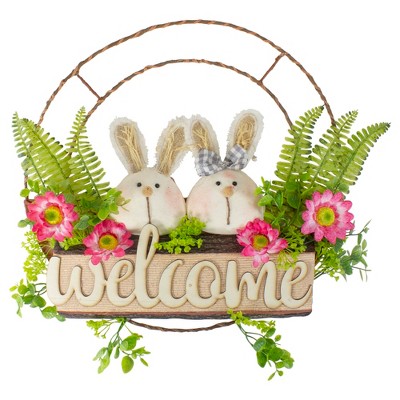 Northlight Easter Bunny Couple Floral Springtime "Welcome" Wreath, Pink and Green 19-Inch